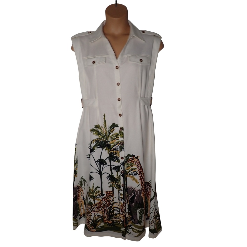 Umgee Womens Safari Jungle Print Sleeveless Button Down Shirt Dress Large